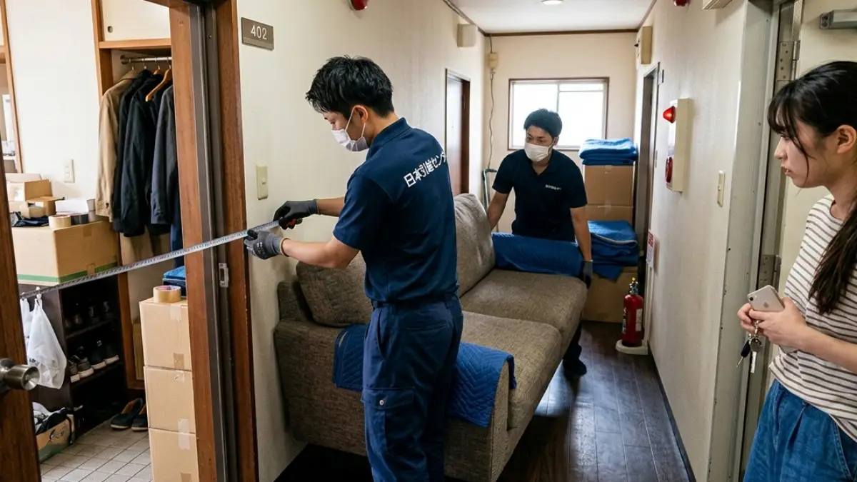 1LDK家具搬入経路の確認 1LDKの玄関で家具搬入幅を確認するイメージ