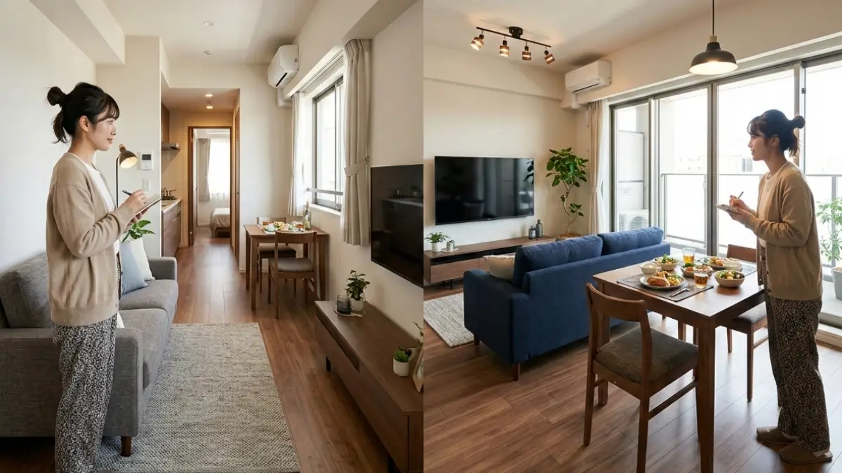 縦長横長の1LDKレイアウト比較 縦長と横長の1LDKカウンターキッチン家配置のレイアウト比較