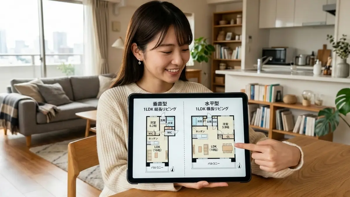 縦長と横長1LDKのレイアウト比較 縦長と横長の1LDK間取りを比較するレイアウトイメージ