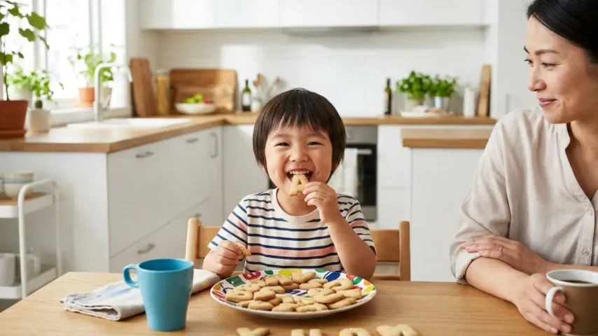 アルファベットクッキーを食べる子ども 子どもがおやつとしてアルファベットクッキーを食べる様子