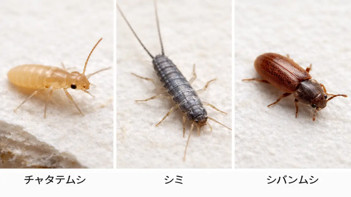 本棚の小さい虫の種類比較 本棚 小さい虫 種類 チャタテムシ シミ シバンムシ 比較