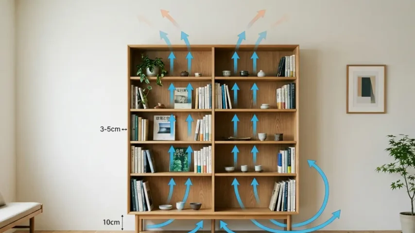 本棚の設置・収納・湿気対策で重要な空気の流れを示した画像