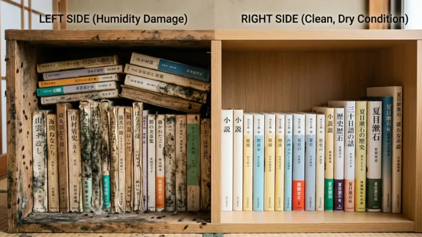 本棚の設置・収納・湿気対策でカビと虫が発生した状態を比較した画像