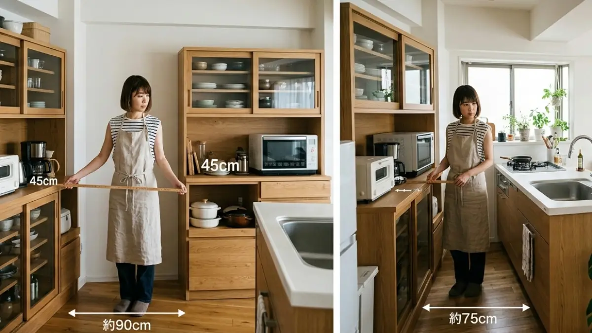食器棚奥行き比較45cmと60cm 45cmと60cmの食器棚奥行き比較と通路幅の違い