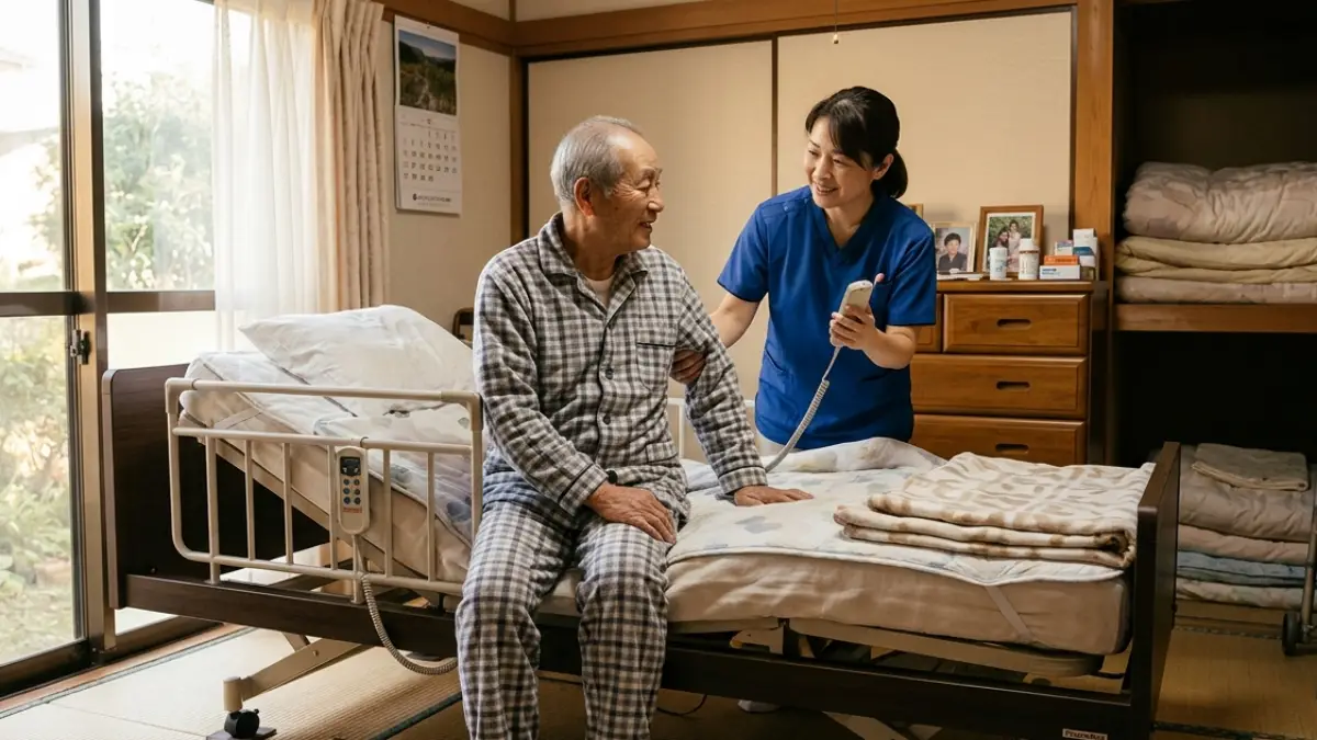 電動ベッド高さ調整機能 電動ベッド3モーター高さ調整で立ち上がる日本人男性