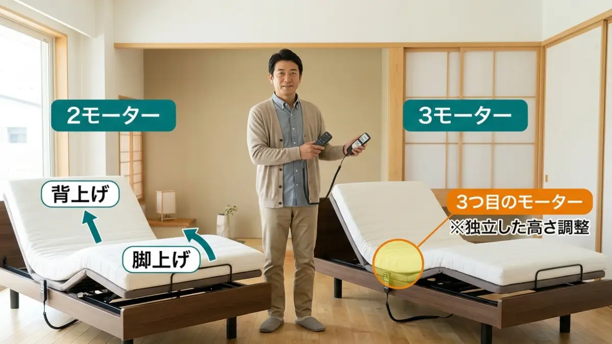 電動ベッドモーター機能比較 電動ベッド2モーター3モーター違いを比較する日本人男性
