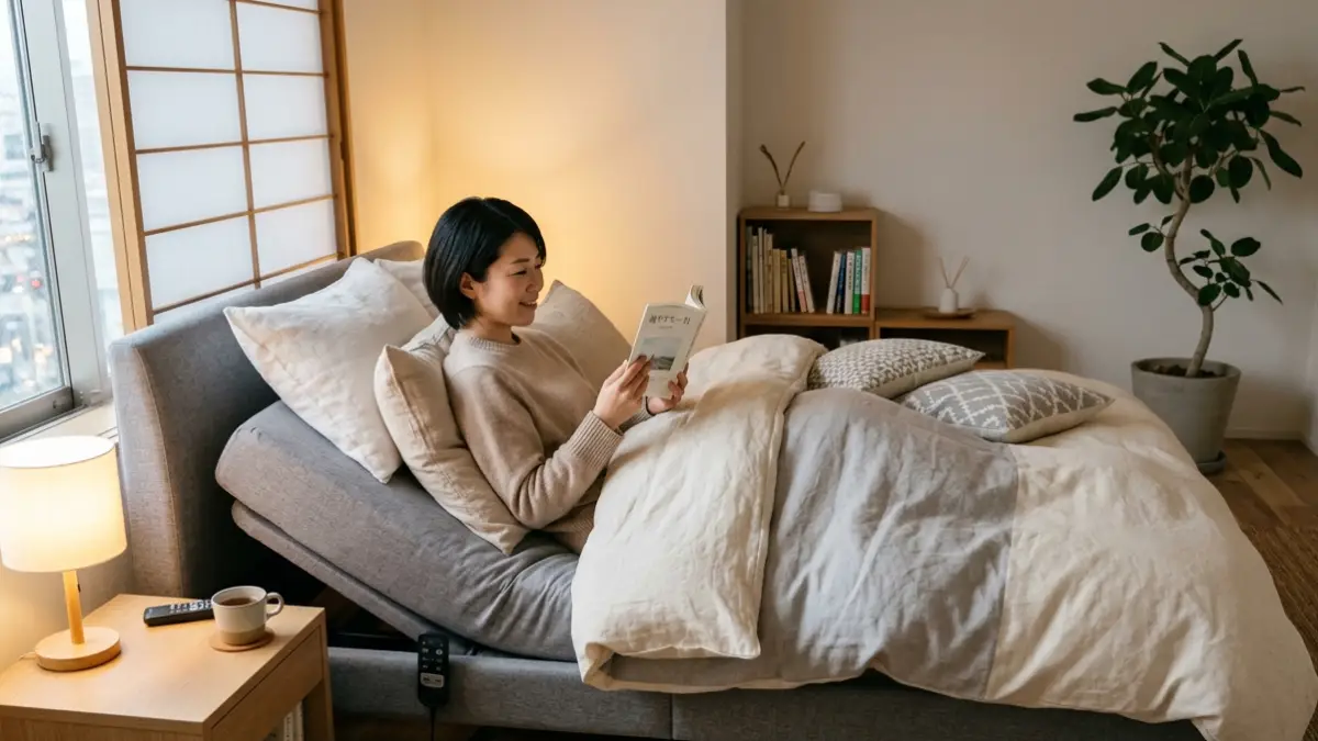 電動ベッド後悔しないおすすめモデル 電動ベッドで快適に読書する日本人女性