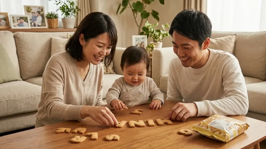 IKEAアルファベットクッキーで名前作り IKEAアルファベットクッキーで赤ちゃんの名前を作る様子