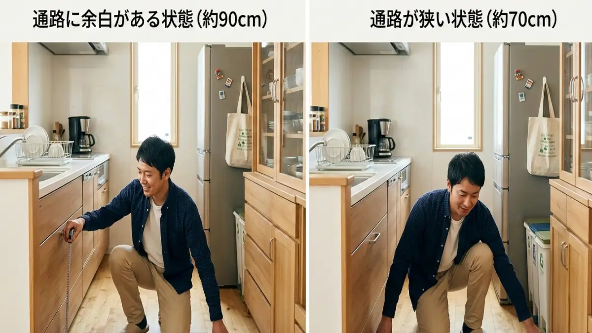 キッチン通路幅の測定イメージ 1LDKカウンターキッチン家配置で通路幅を測る様子