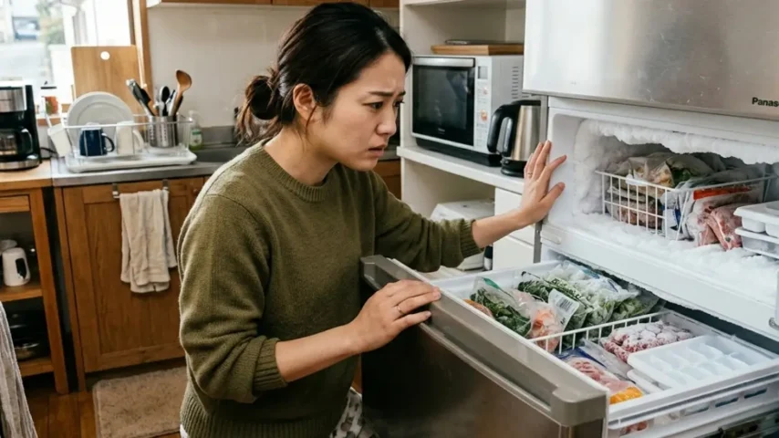 冷凍室に霜が付いて困った表情で確認する日本人女性