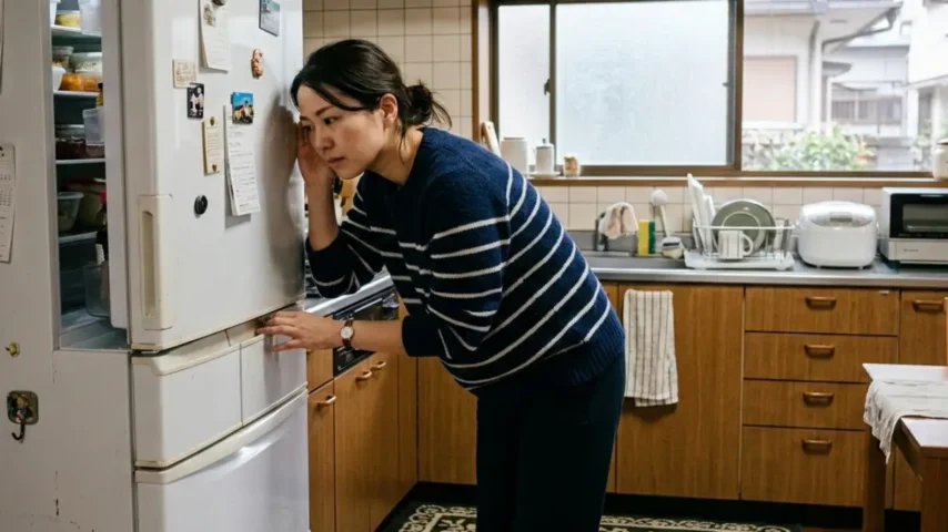 冷蔵庫の異音を気にして耳を近づける日本人女性