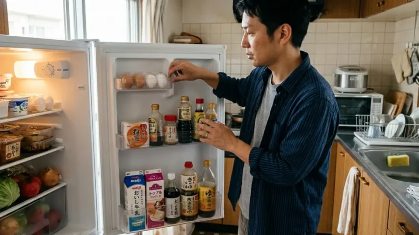 冷蔵庫が冷えない原因として温度設定を確認する日本人男性