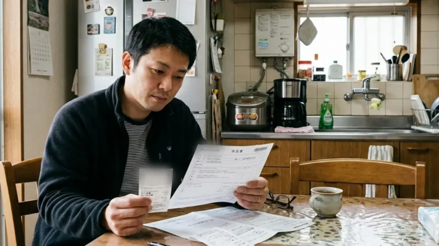 冷蔵庫の保証書とレシートを確認する日本人男性