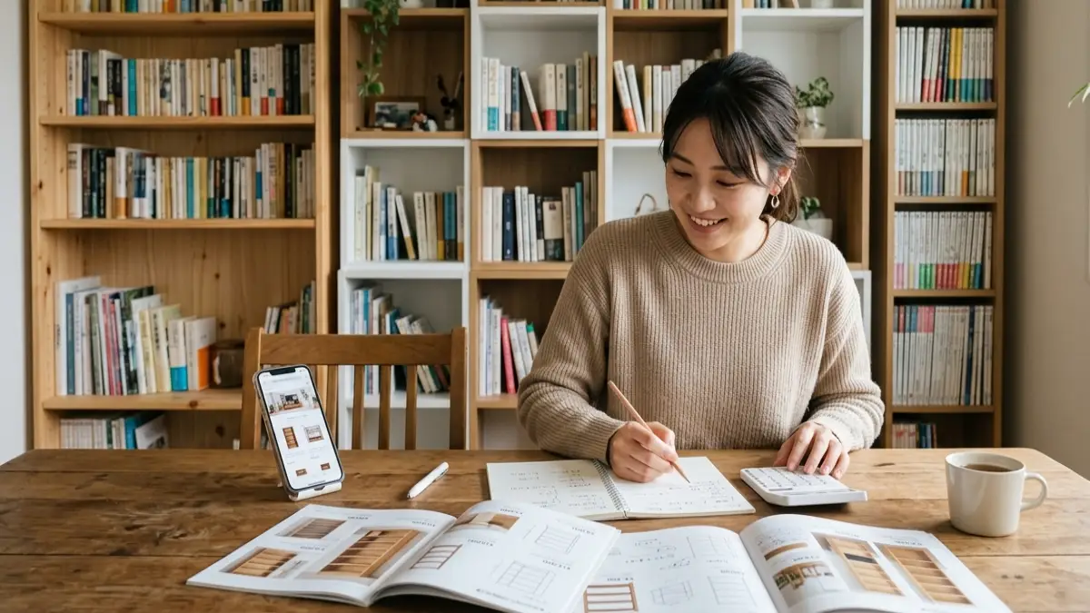 壁一面 本棚 安い選び方を比較している日本人女性の横長画像