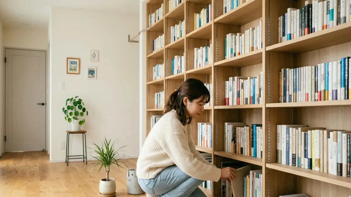 本棚 壁 一面の選び方をまとめた日本人女性の横長画像