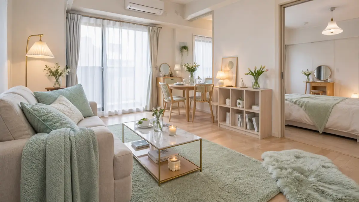 20代女性の一人暮らし1LDKをイメージした、ミントグリーンのクッションやラグ、ブランケットを取り入れた明るいインテリア