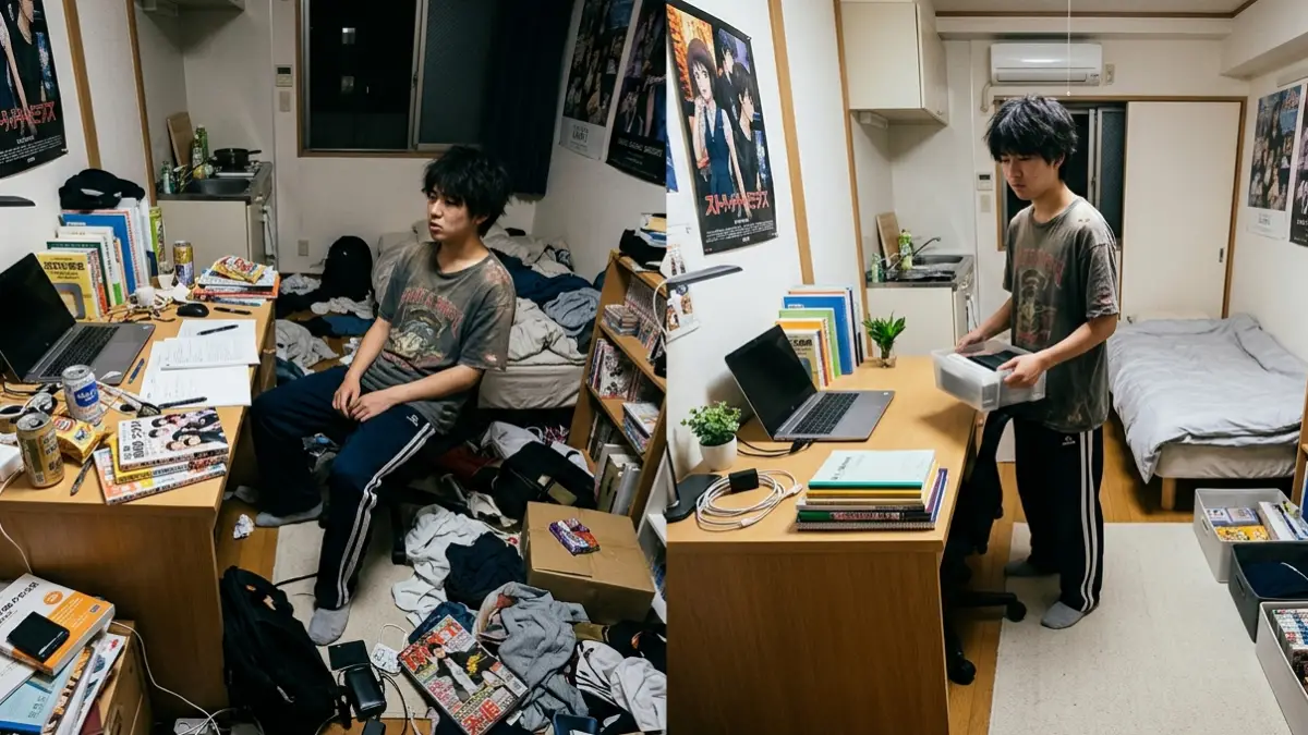 男部屋の整理前後の変化 男部屋現実の散らかった部屋と整理された部屋の比較