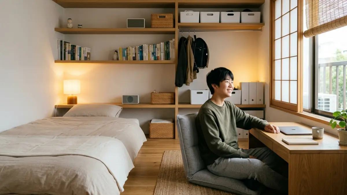 整った男の一人暮らしインテリアの完成例 男の一人暮らしインテリアが整ったシンプルで清潔感のある部屋