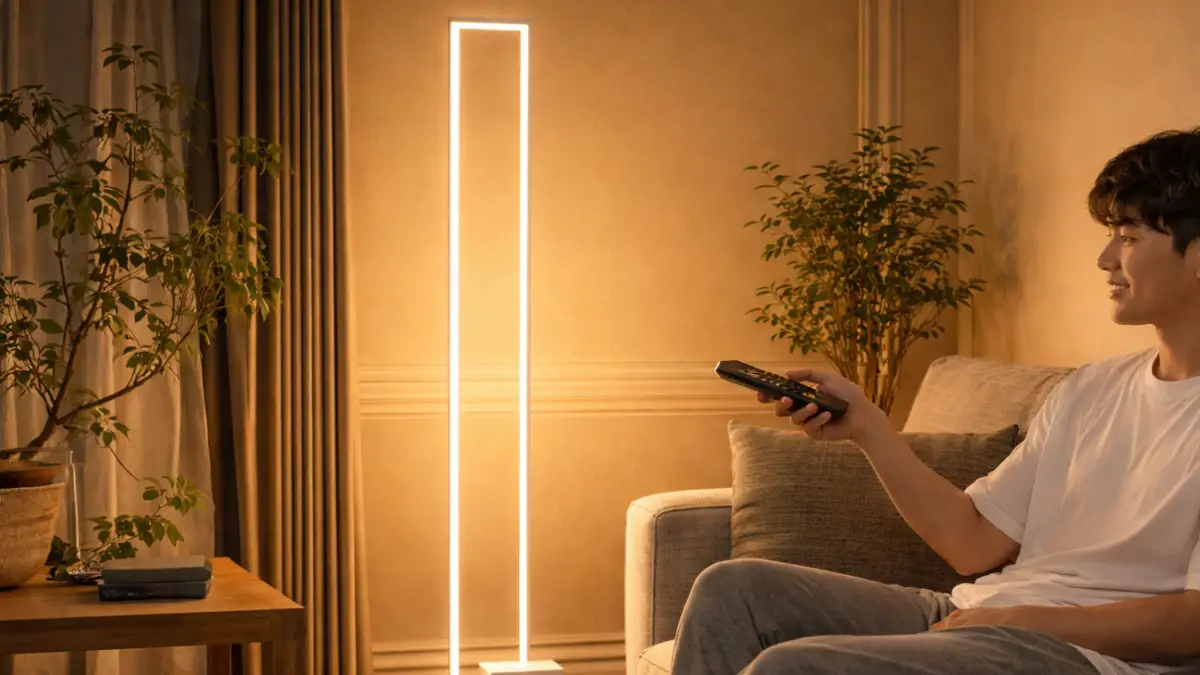 間接照明で整える男の一人暮らしインテリア 男の一人暮らしインテリアで間接照明を使ったおしゃれな部屋とリラックスする10代男性