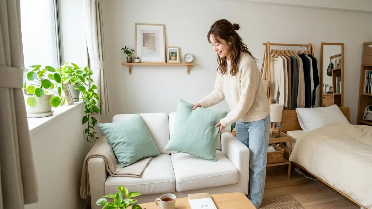 一人暮らし インテリア ミント グリーンをクッションで取り入れた部屋