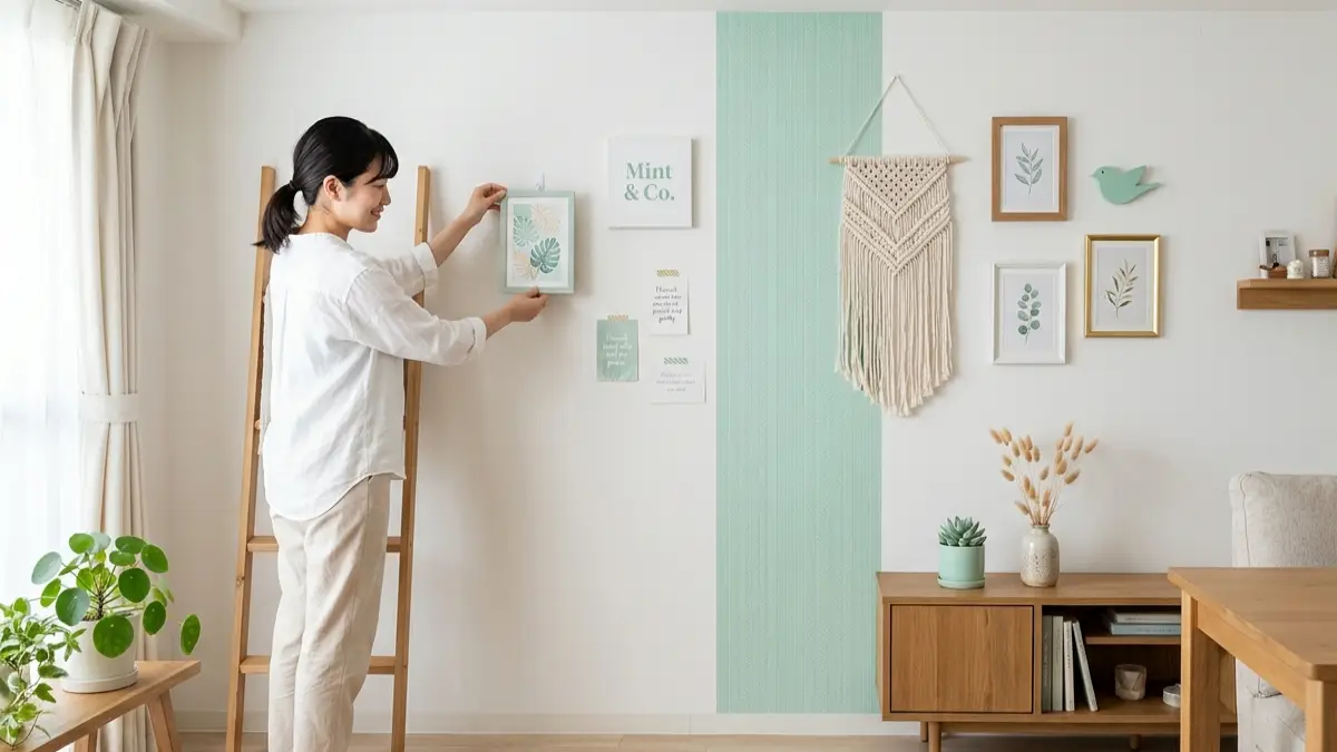 一人暮らし インテリア ミント グリーンを賃貸の壁で工夫した部屋