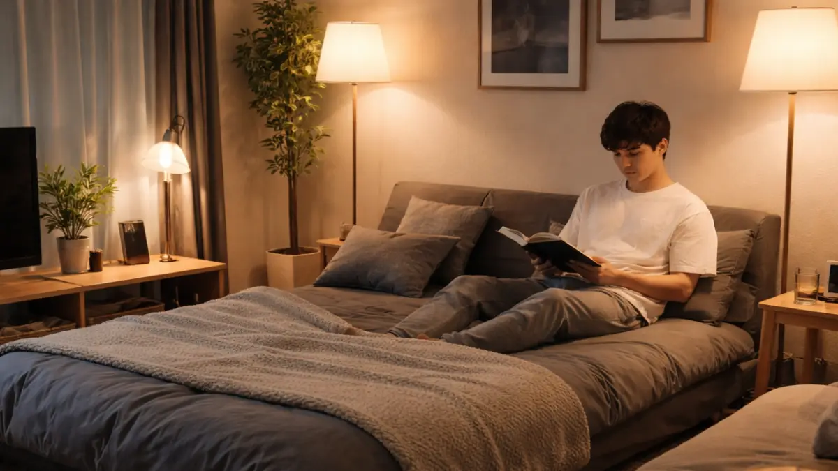 男の一人暮らしインテリア|1Kでもおしゃれな男部屋 男の一人暮らしインテリアの例、1Kの部屋で照明と家具を整えたおしゃれな男部屋