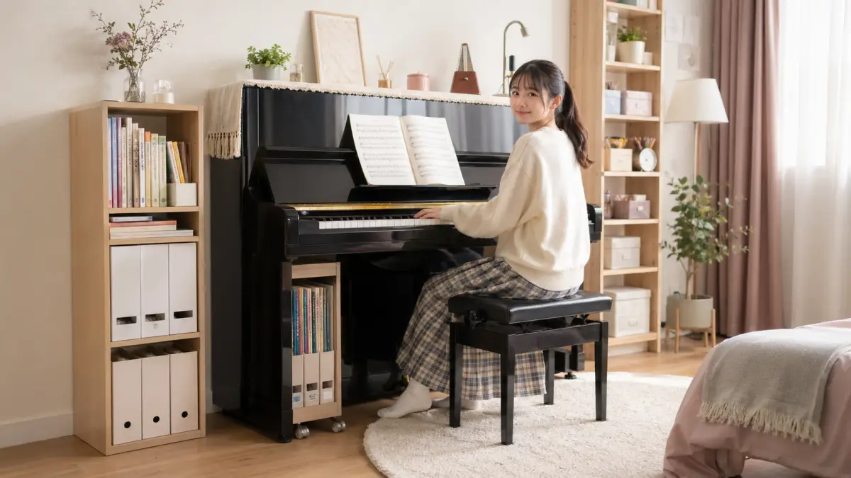 ピアノ横の本棚と楽譜収納ワゴンを使ったおしゃれな10代女性の部屋