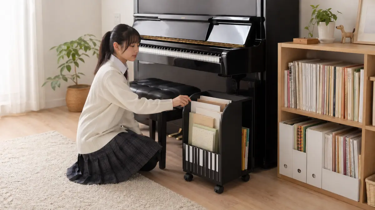 ピアノ下収納と楽譜棚を使った本棚 ピアノの収納例