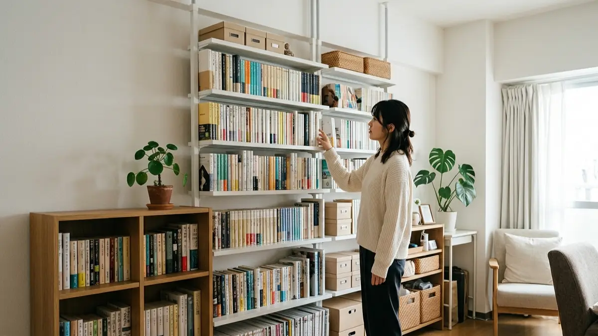 本棚 壁 一面 賃貸の注意点を確認している日本人女性の横長画像