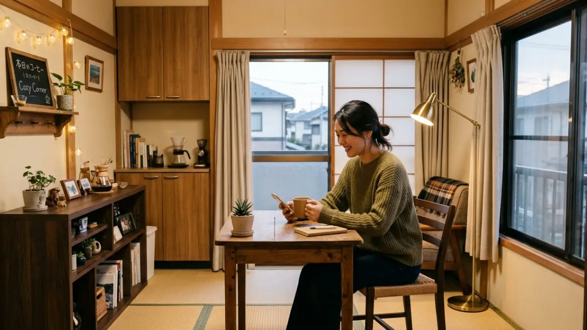 スタバ風インテリア一人暮らしの6畳カフェ風部屋と女性
