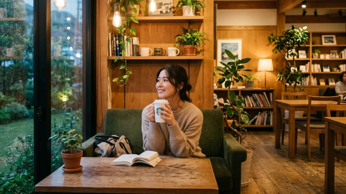 スタバ風インテリア一人暮らし完成した部屋と女性
