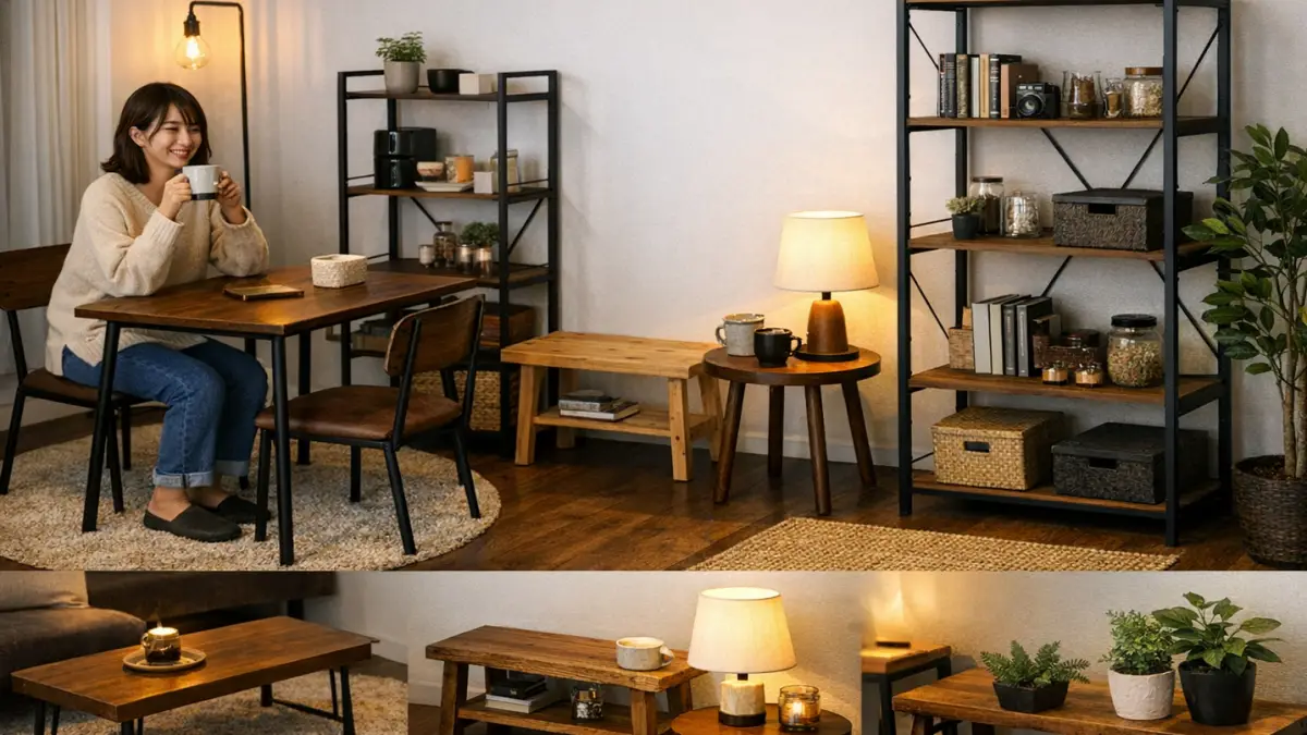 スタバ風インテリアの一人暮らし部屋でくつろぐ女性と木目家具のカフェ風空間