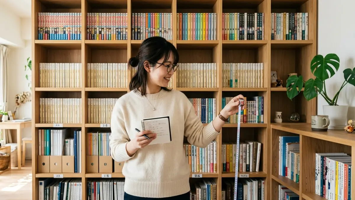 壁 一面 本棚 おしゃれな工夫をイメージした日本人女性の横長画像