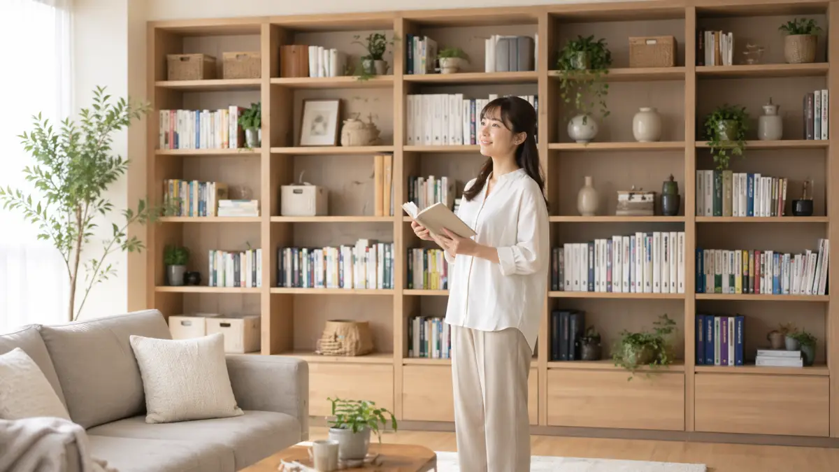 本棚 壁 一面の安全性と圧迫感の対策を示す日本人女性の横長画像