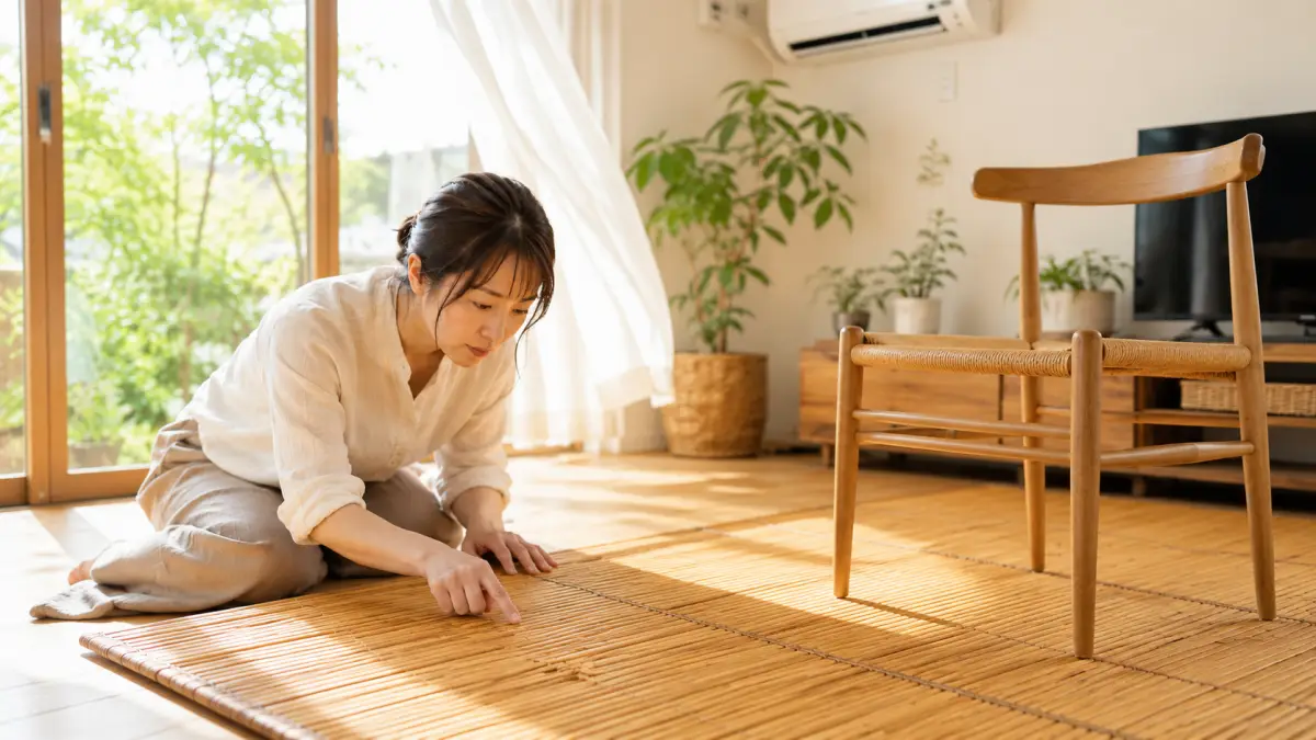 竹ラグささくれの原因を確認する日本人女性