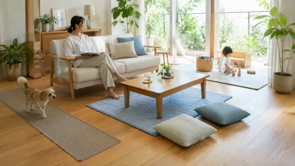 夏のリビングでラグなしを基本にし、部分マットや座布団、子供用マット、ペット用マットを使って快適に過ごす家族の様子