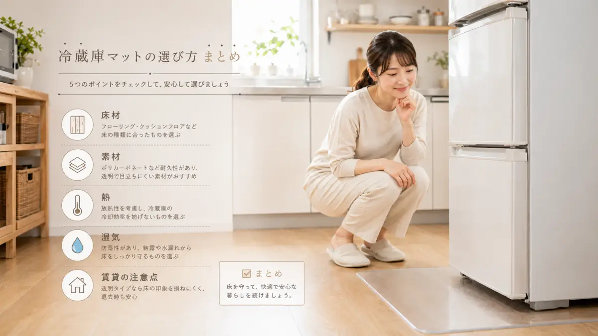 ニトリ冷蔵庫 マット溶ける結論を整理する日本人女性と透明マットのイメージ