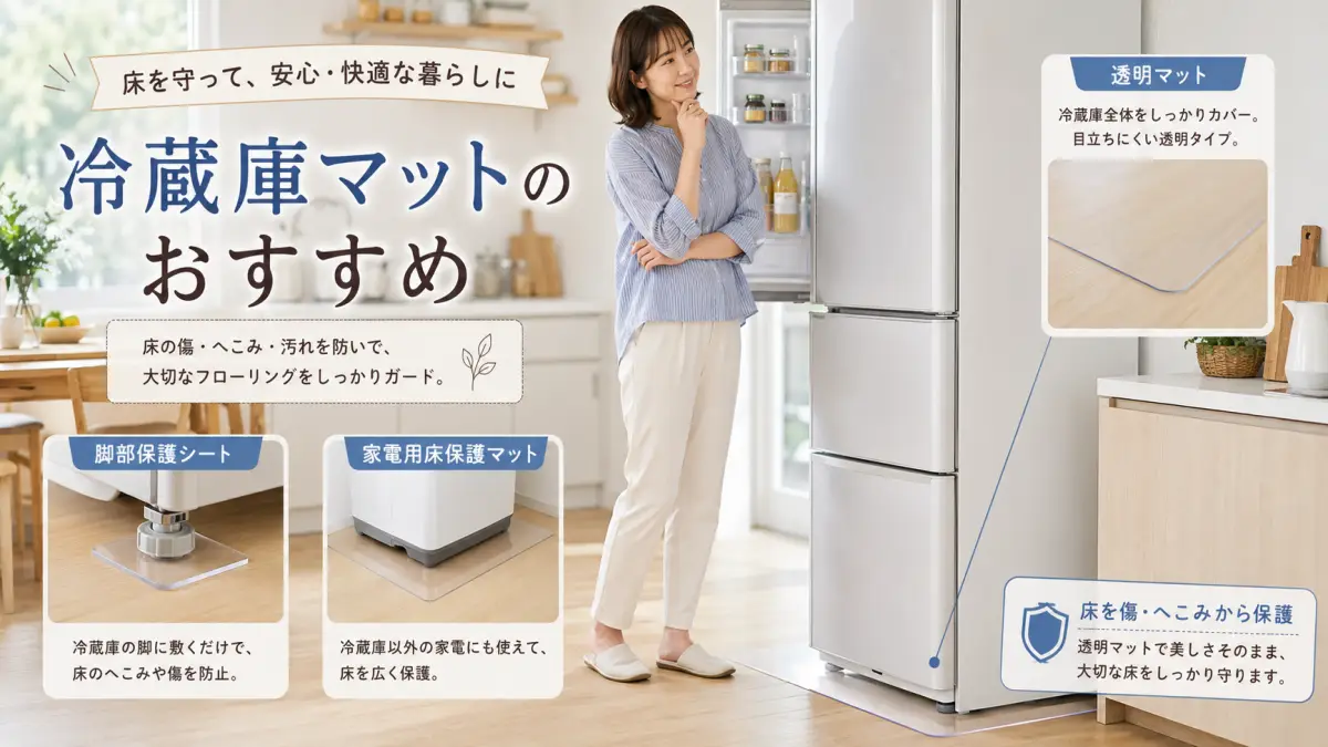 冷蔵庫マットのおすすめ商品を比較する30代女性と、透明マットや脚部保護シートの使用イメージ