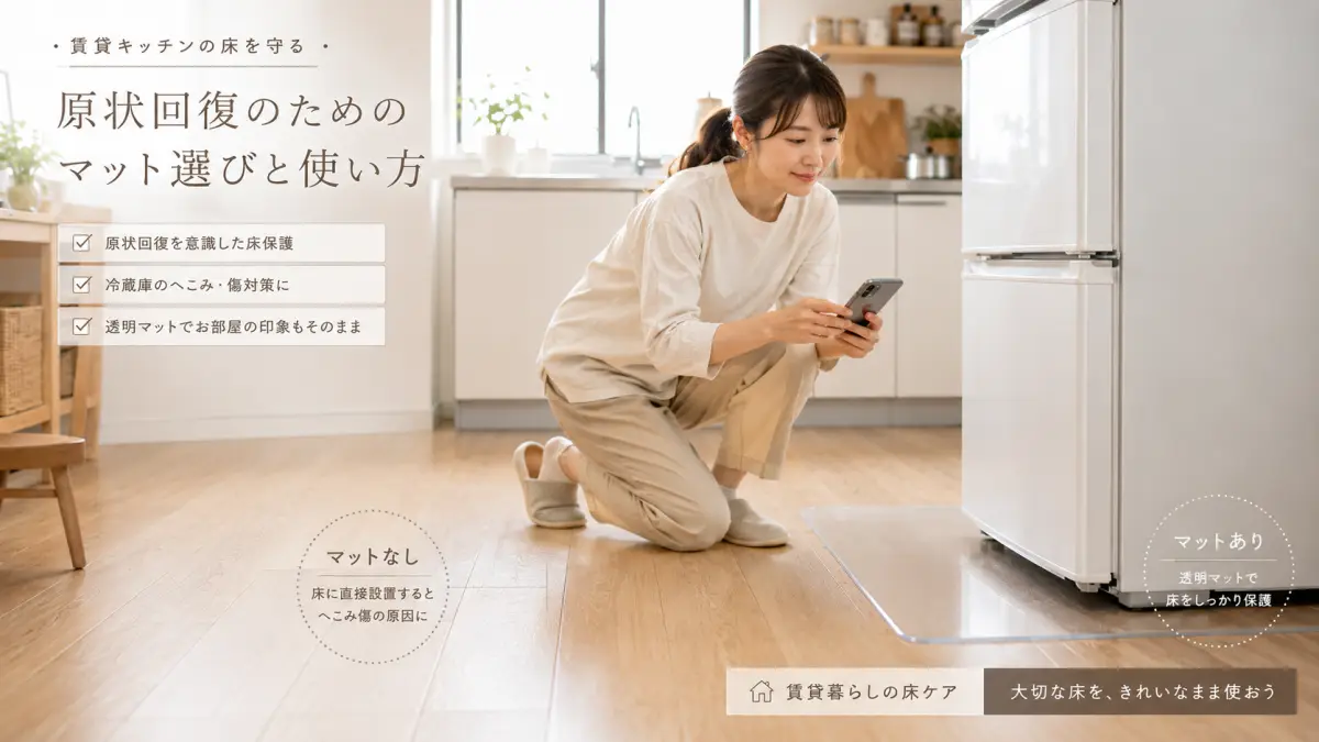 賃貸で冷蔵庫マットが必要ないか判断する日本人女性と床確認のイメージ