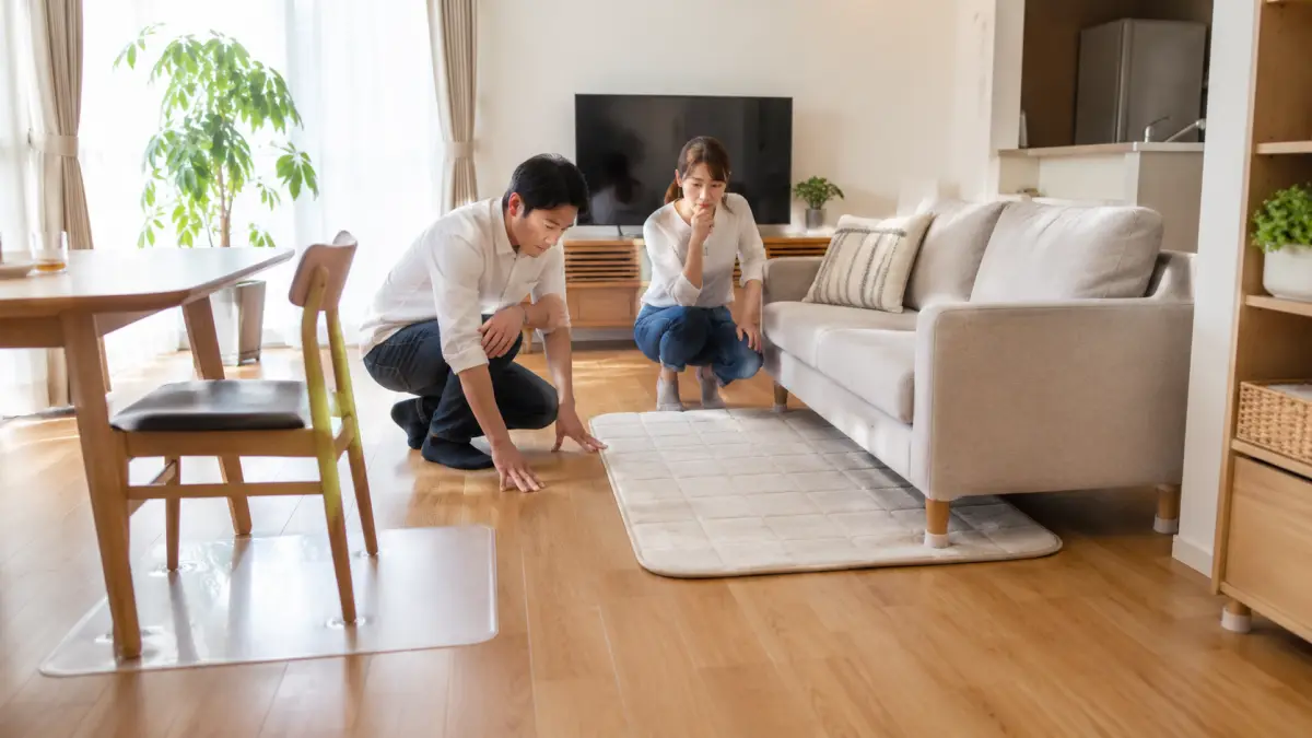 夏リビングラグなしで床保護や防音を確認する日本人夫婦のリビング