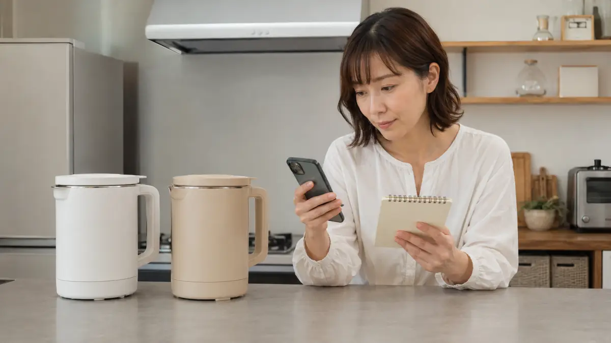 ニトリとレコルトのスープメーカーを比較する女性 ニトリ スープメーカー レコルト比較で選ぶポイント