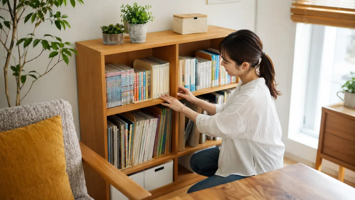 収納アイデアカラーボックスで本や漫画を整理する日本人女性