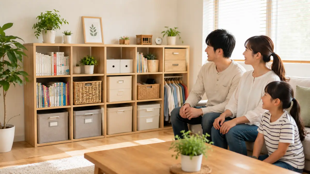収納アイデアカラーボックスで整理されたリビングと日本人家族