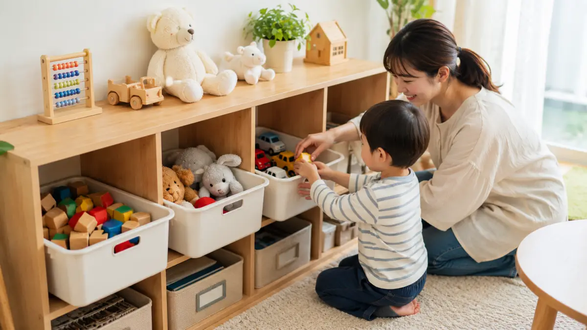 収納アイデアカラーボックスでおもちゃを整理する日本人親子