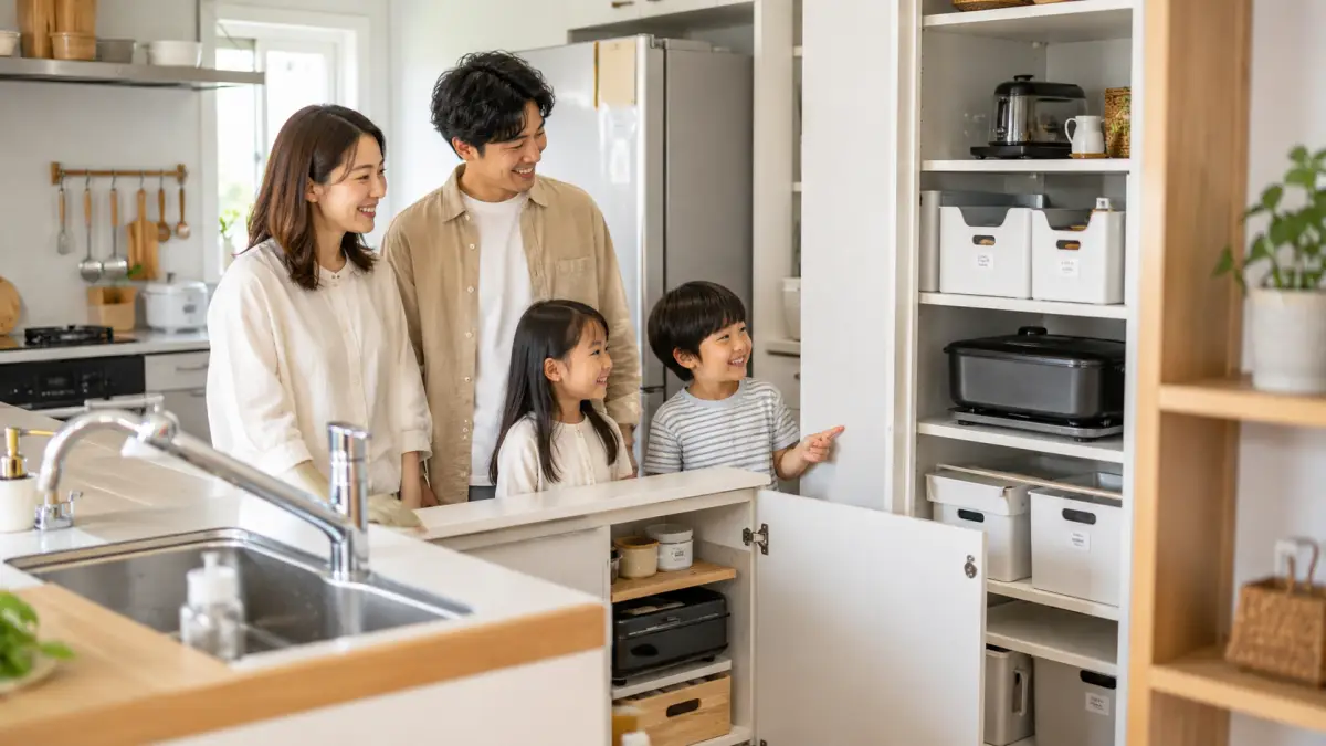ホットプレート収納アイデアで整理整頓されたキッチンと日本人家族