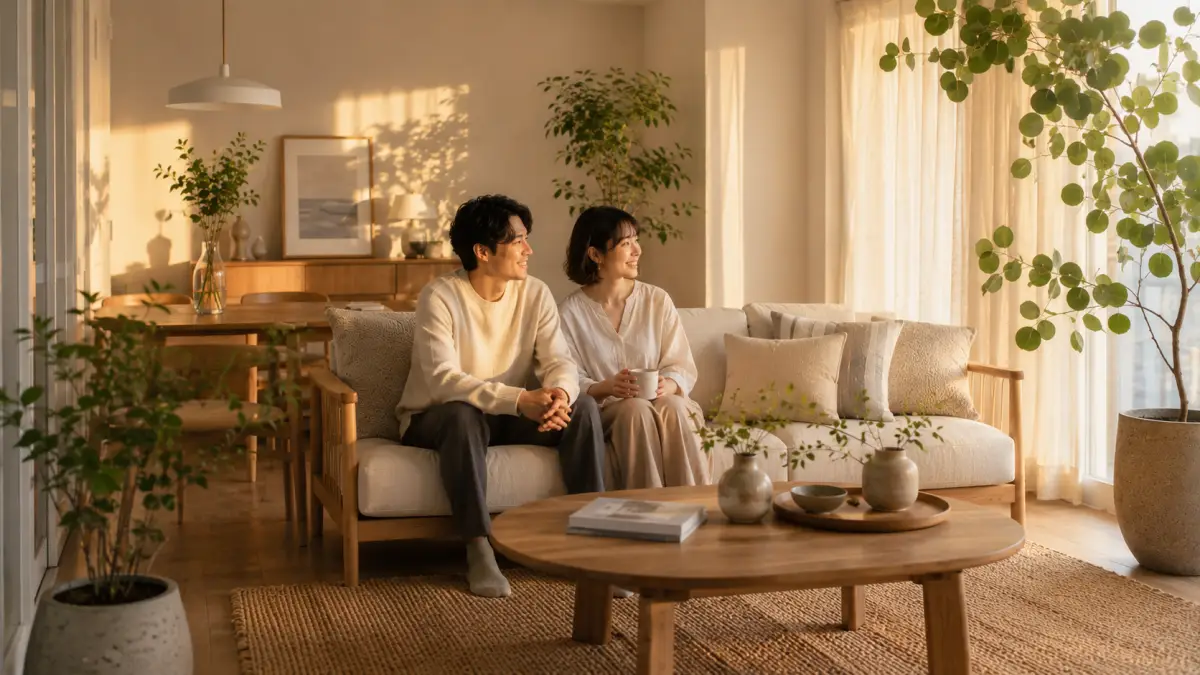 完成したジャパンディインテリアの部屋でくつろぐ日本人夫婦
