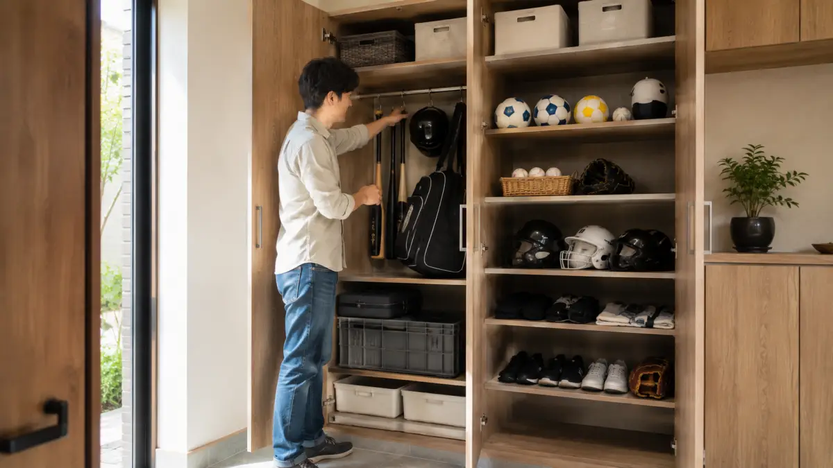 ロッカー収納アイデアでスポーツ用品を整理する日本人男性