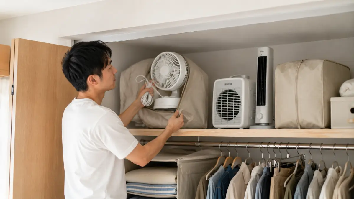 季節家電を収納袋に入れて天袋へ収納する日本人男性