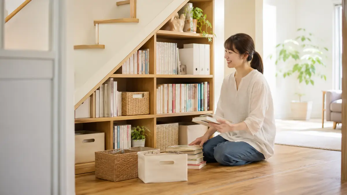 階段下収納アイデアで本棚を作り本を整理する日本人女性