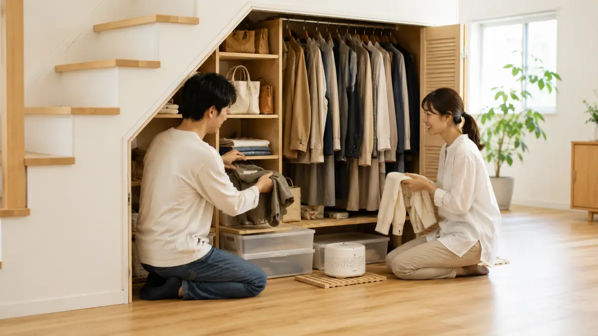 階段下収納アイデアでクローゼットを活用する日本人夫婦